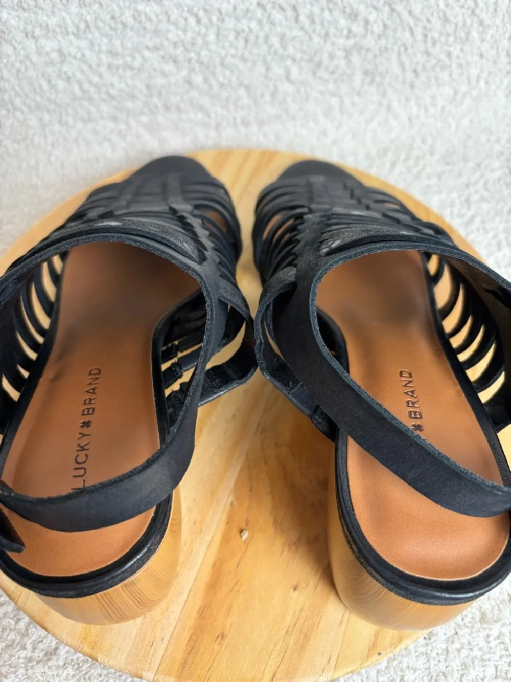 Lucky Brand Sandals Womens 9M Natissha High Block Heel Leather Hippie in Black